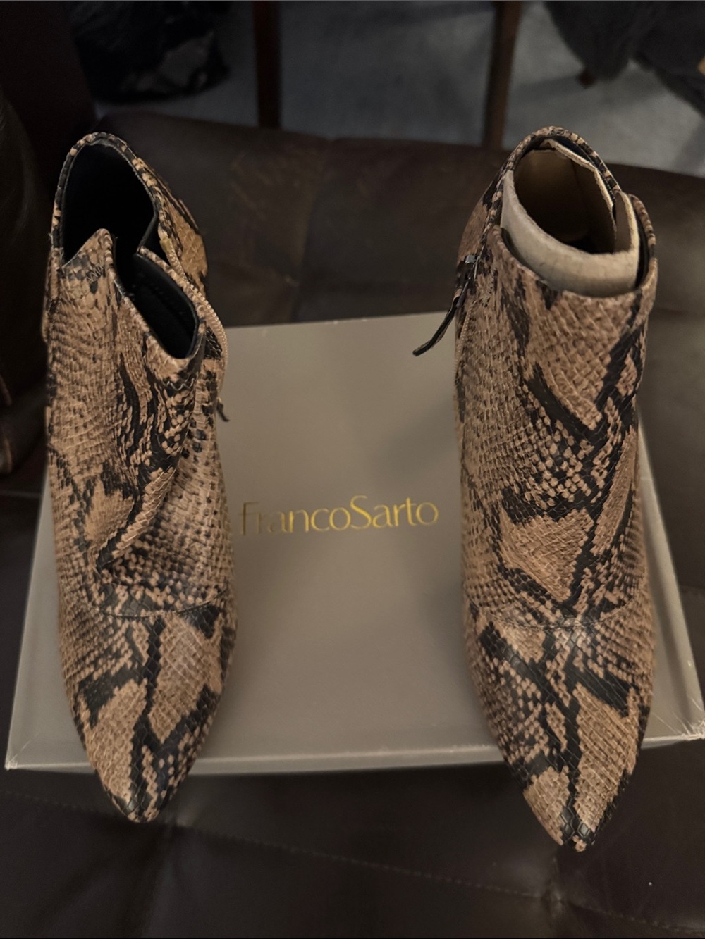 Franco Sarto Brown Snake-Print Pointed Ankle Booties